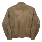 Mens Brown Leather Zip Jacket M Vintage Textured Casual Outerwear Map Lining