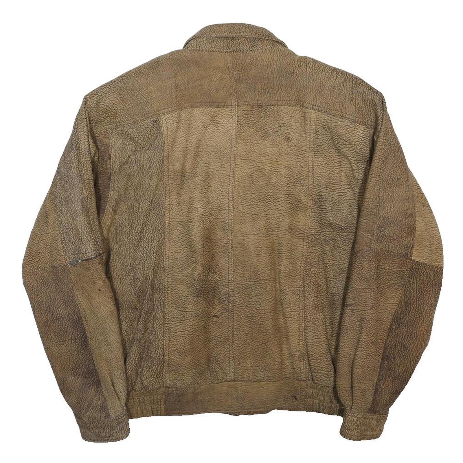 Mens Brown Leather Zip Jacket M Vintage Textured Casual Outerwear Map Lining