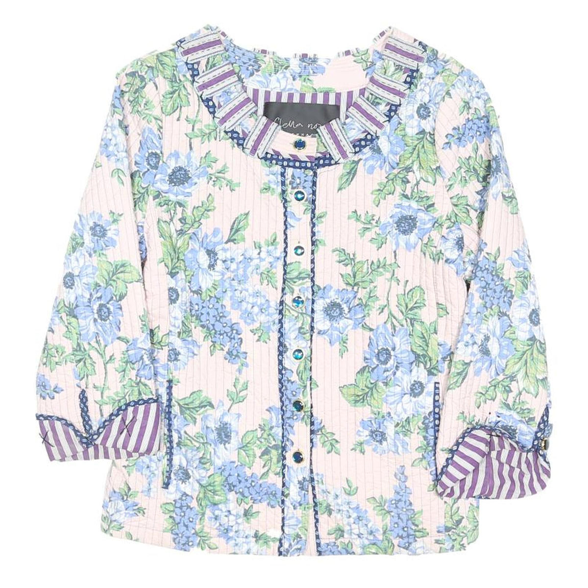 STELLA NORA Womens Cream Blue Floral Jacket S Cotton Blend Button Pattern