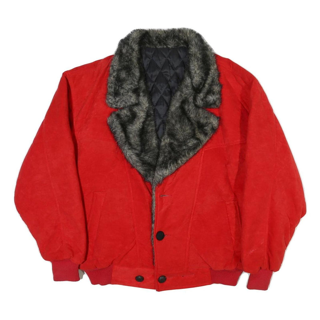 Womens Red Leather Button Jacket L Faux Fur Collar Quilted Lining Warm