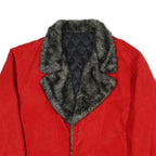 Womens Red Leather Button Jacket L Faux Fur Collar Quilted Lining Warm
