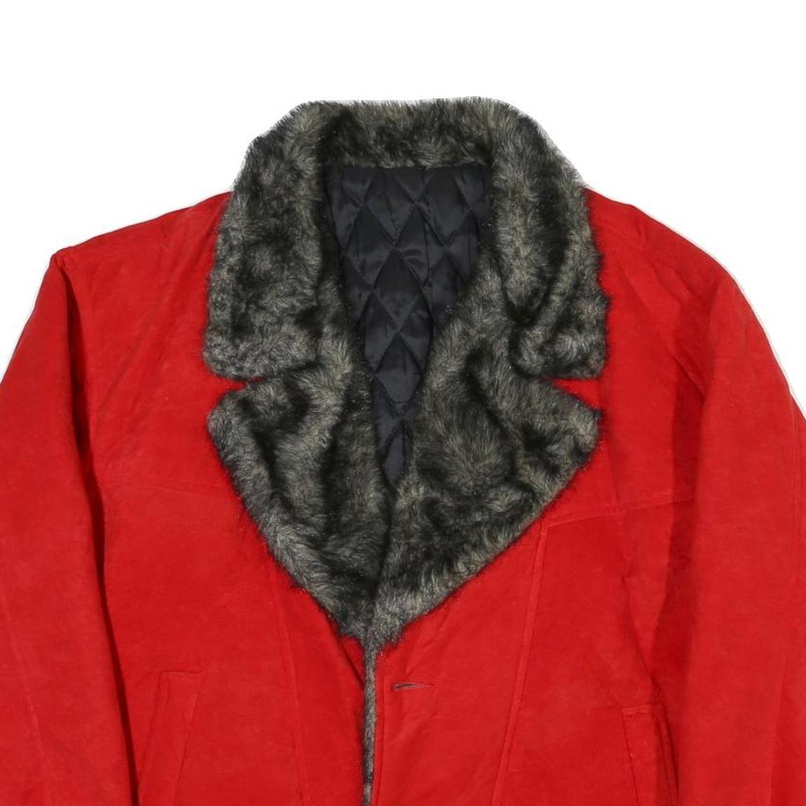 Womens Red Leather Button Jacket L Faux Fur Collar Quilted Lining Warm