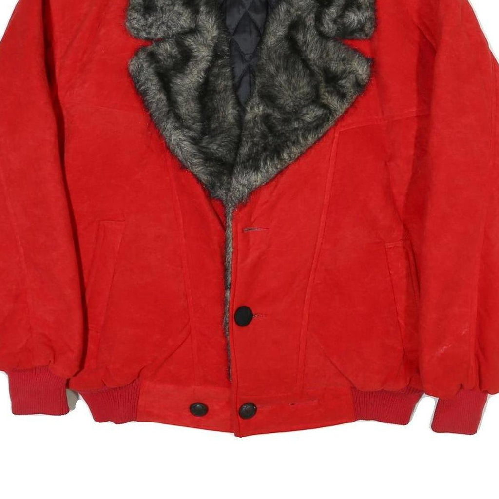 Womens Red Leather Button Jacket L Faux Fur Collar Quilted Lining Warm