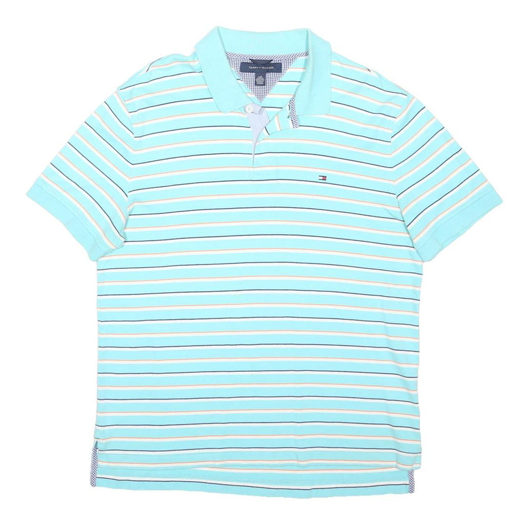 TOMMY HILFIGER Mens Blue & White Striped Short Sleeve Polo Shirt L Cotton Blend
