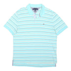 TOMMY HILFIGER Mens Blue & White Striped Short Sleeve Polo Shirt L Cotton Blend