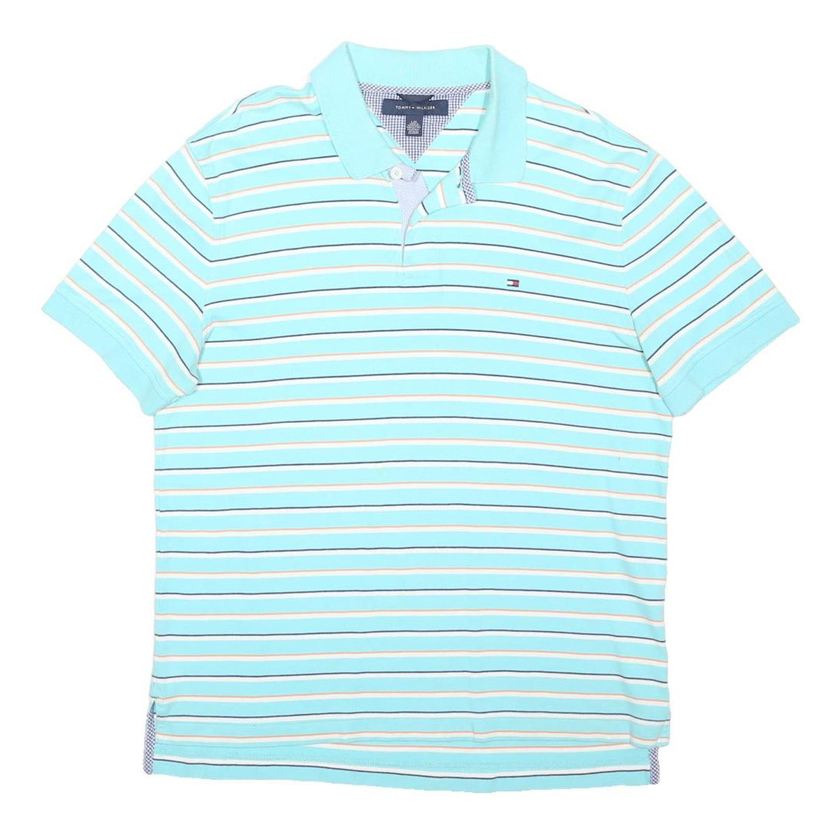 TOMMY HILFIGER Mens Blue & White Striped Short Sleeve Polo Shirt L Cotton Blend