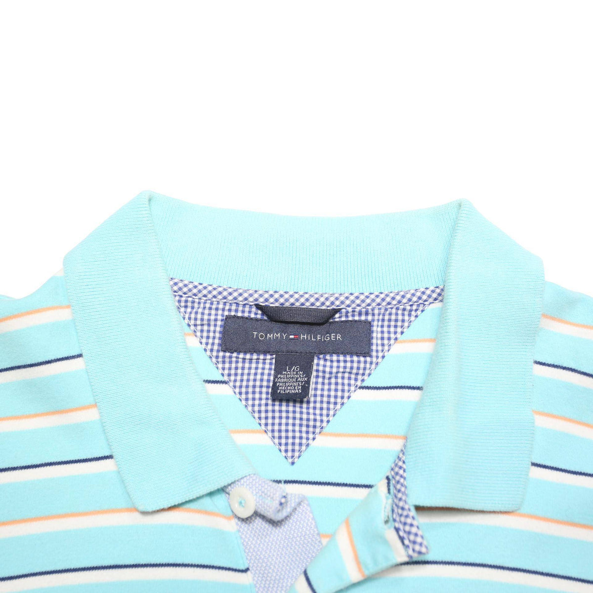 TOMMY HILFIGER Mens Blue & White Striped Short Sleeve Polo Shirt L Cotton Blend