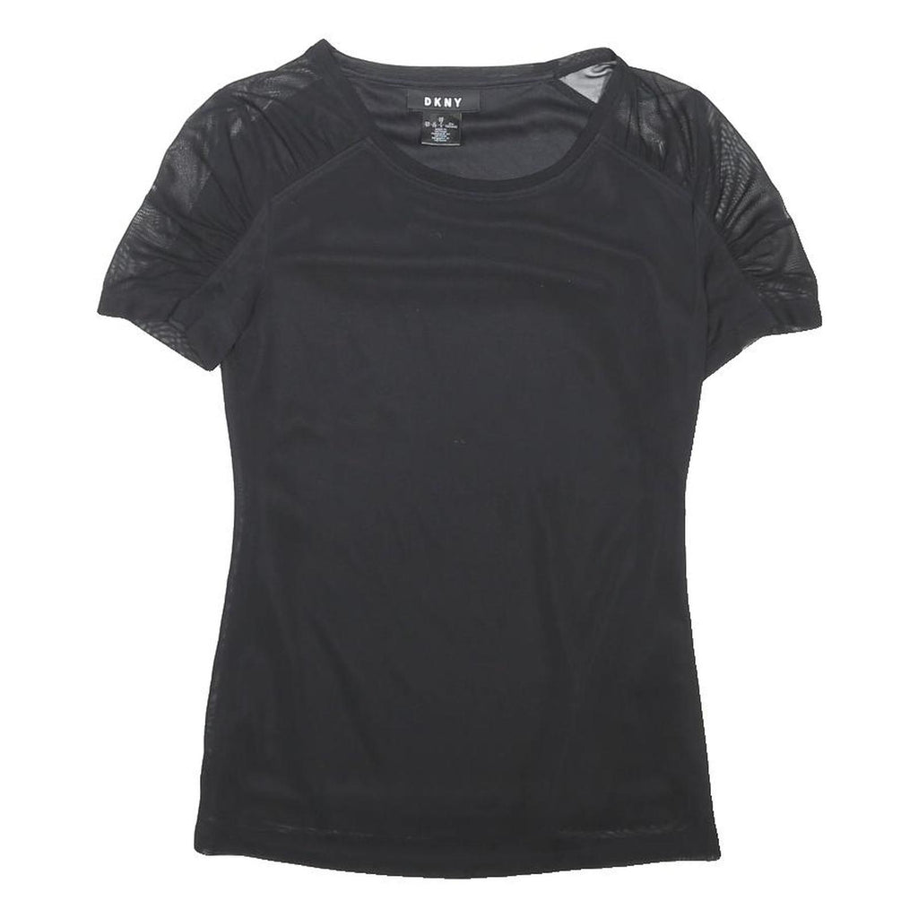 DKNY Womens Black Mesh Sleeve Basic Top Short Sleeve Crew Neck XS Lightweight