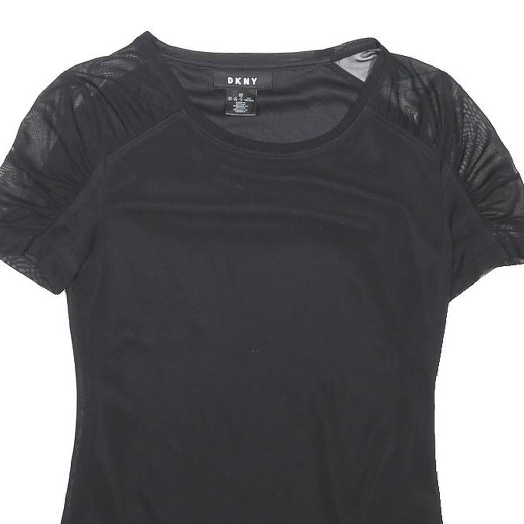 DKNY Womens Black Mesh Sleeve Basic Top Short Sleeve Crew Neck XS Lightweight