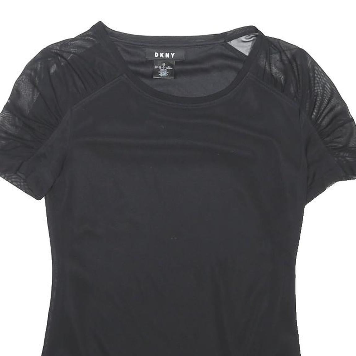 DKNY Womens Black Mesh Sleeve Basic Top Short Sleeve Crew Neck XS Lightweight