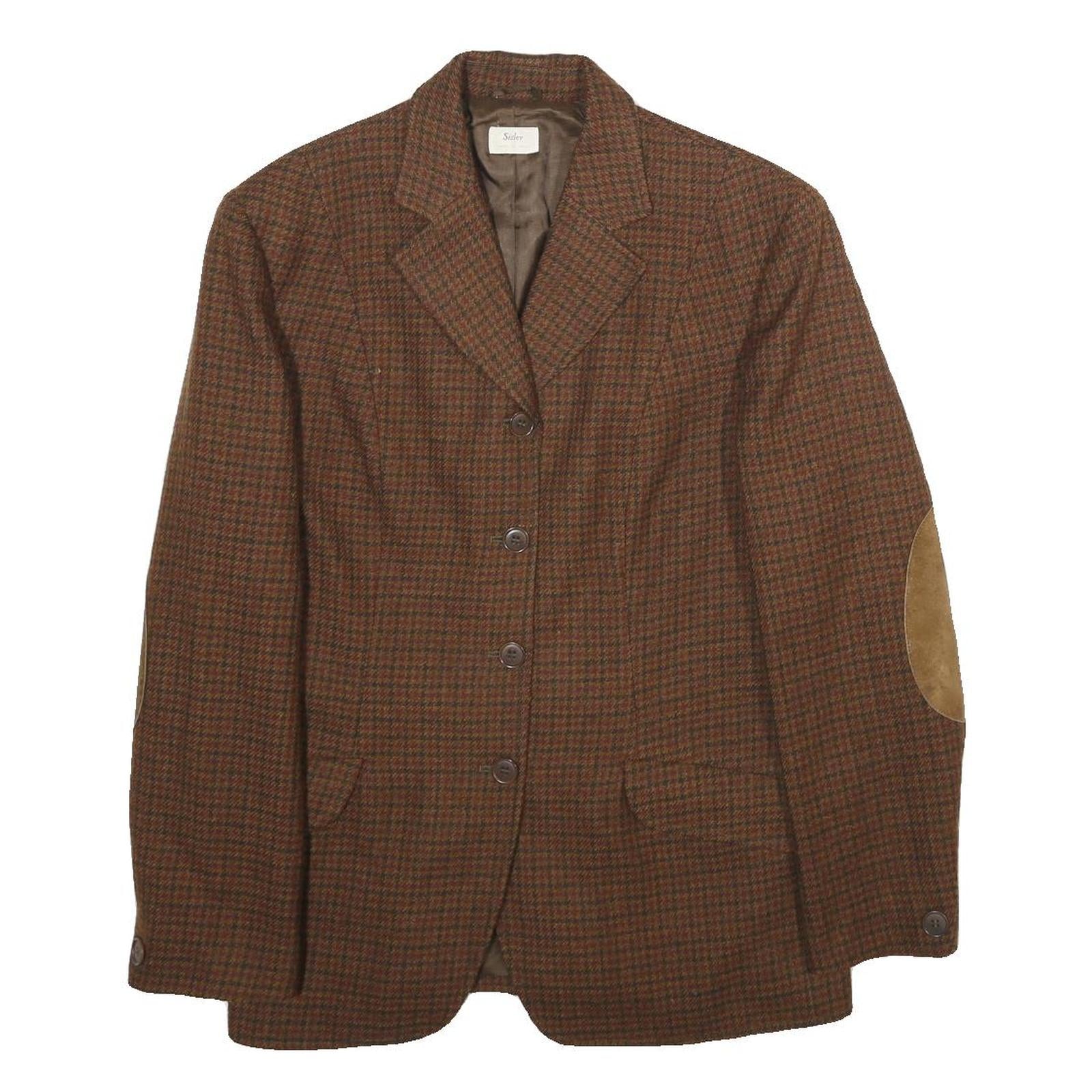 SISLEY Womens Brown Wool Tailored Button Jacket S Houndstooth Elbow Patches