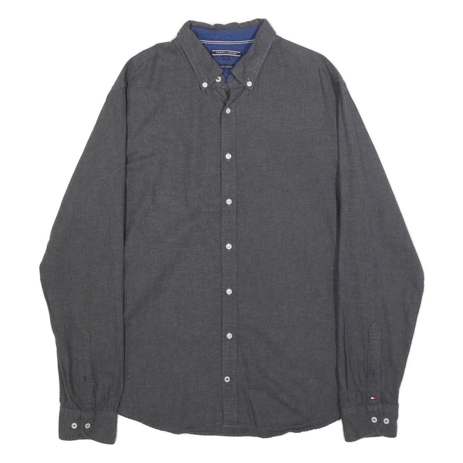TOMMY HILFIGER Mens Grey Button Down Shirt L Classic Cotton Long Sleeve
