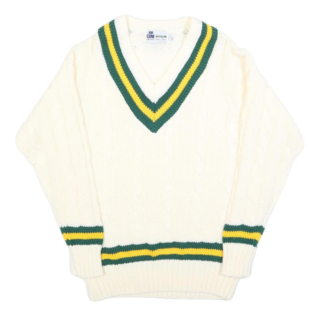GUNN & MOORE Mens Cream Green & Yellow Classic Jumper V-Neck Cable Knit L
