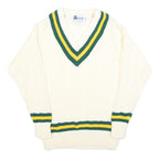 GUNN & MOORE Mens Cream Green & Yellow Classic Jumper V-Neck Cable Knit L