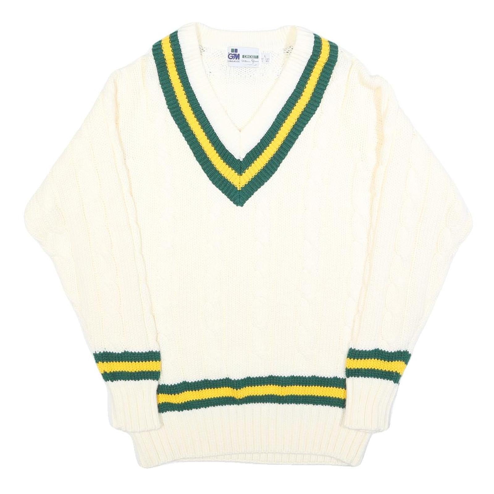GUNN & MOORE Mens Cream Green & Yellow Classic Jumper V-Neck Cable Knit L