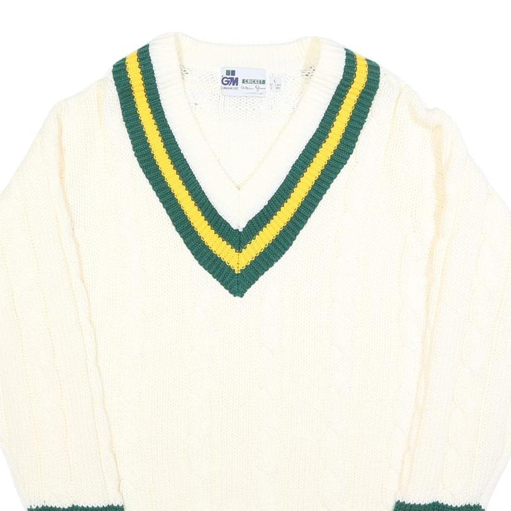 GUNN & MOORE Mens Cream Green & Yellow Classic Jumper V-Neck Cable Knit L