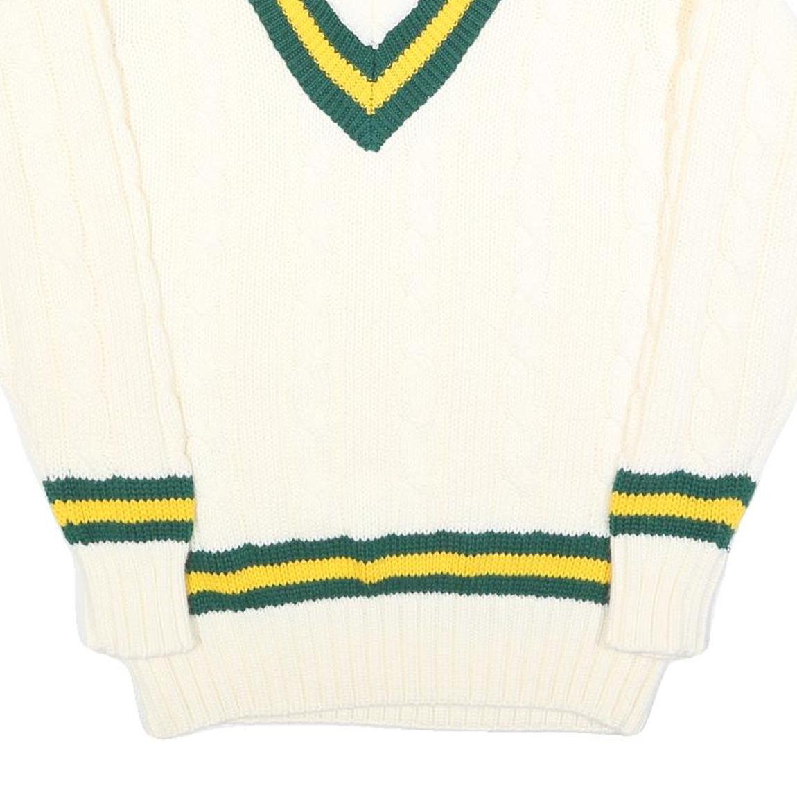 GUNN & MOORE Mens Cream Green & Yellow Classic Jumper V-Neck Cable Knit L