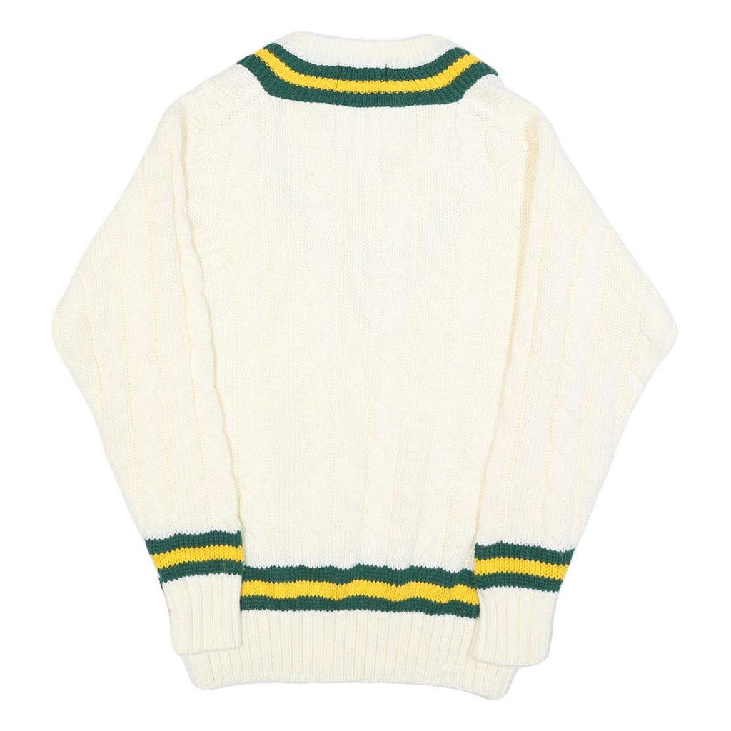 GUNN & MOORE Mens Cream Green & Yellow Classic Jumper V-Neck Cable Knit L