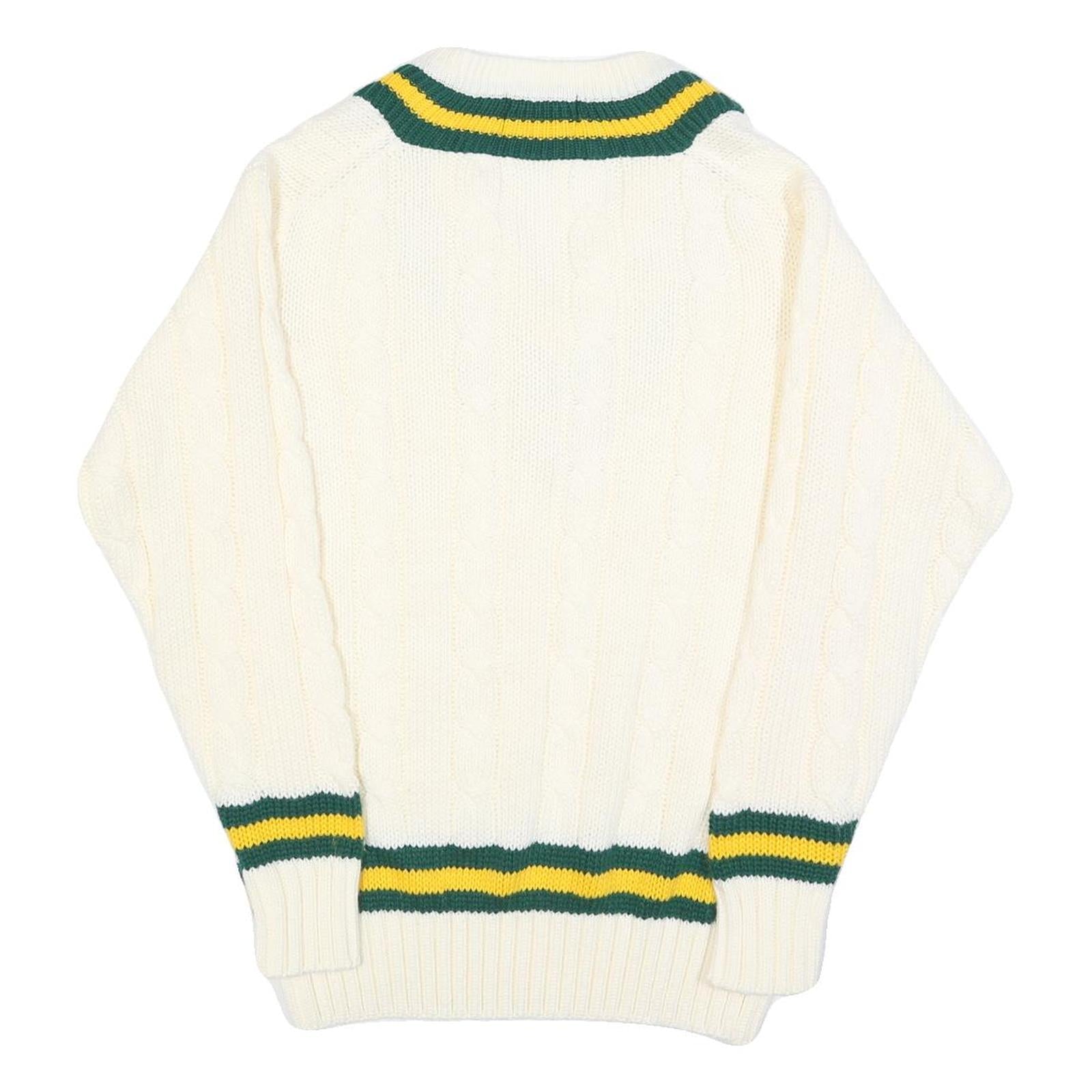 GUNN & MOORE Mens Cream Green & Yellow Classic Jumper V-Neck Cable Knit L