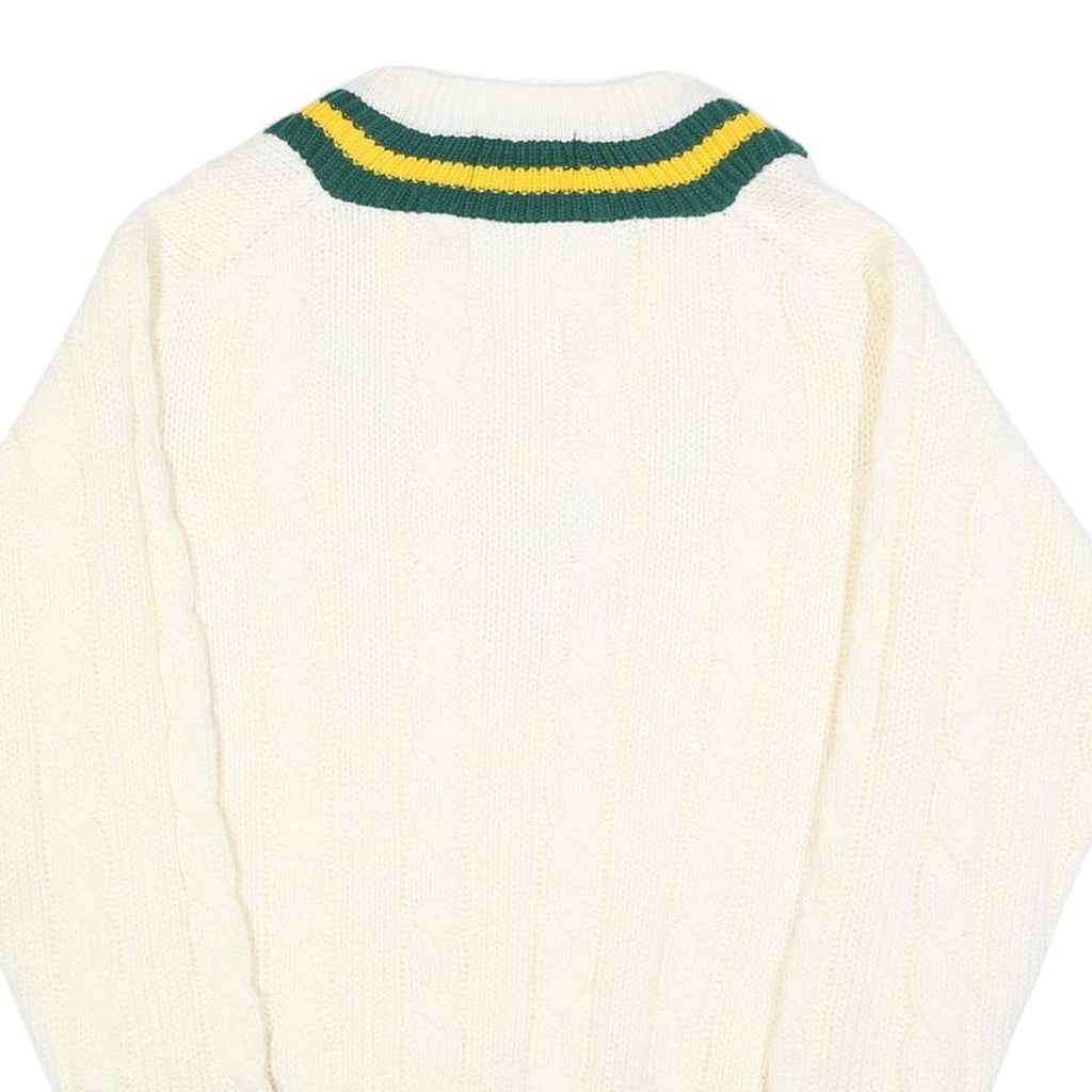 GUNN & MOORE Mens Cream Green & Yellow Classic Jumper V-Neck Cable Knit L