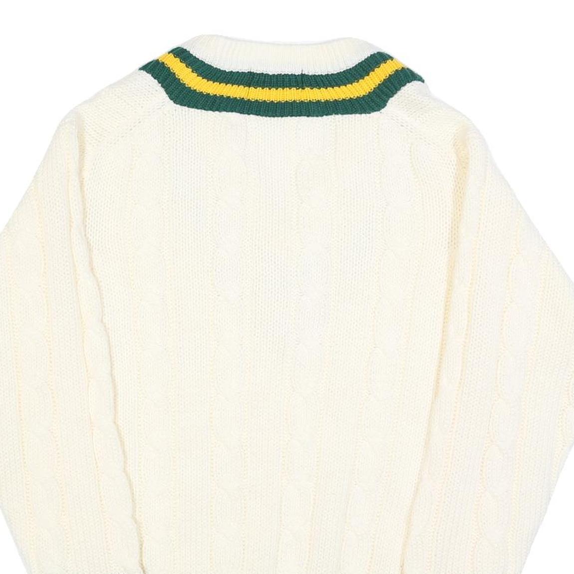GUNN & MOORE Mens Cream Green & Yellow Classic Jumper V-Neck Cable Knit L