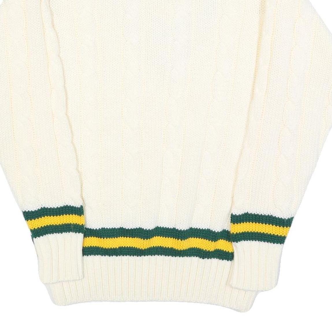 GUNN & MOORE Mens Cream Green & Yellow Classic Jumper V-Neck Cable Knit L
