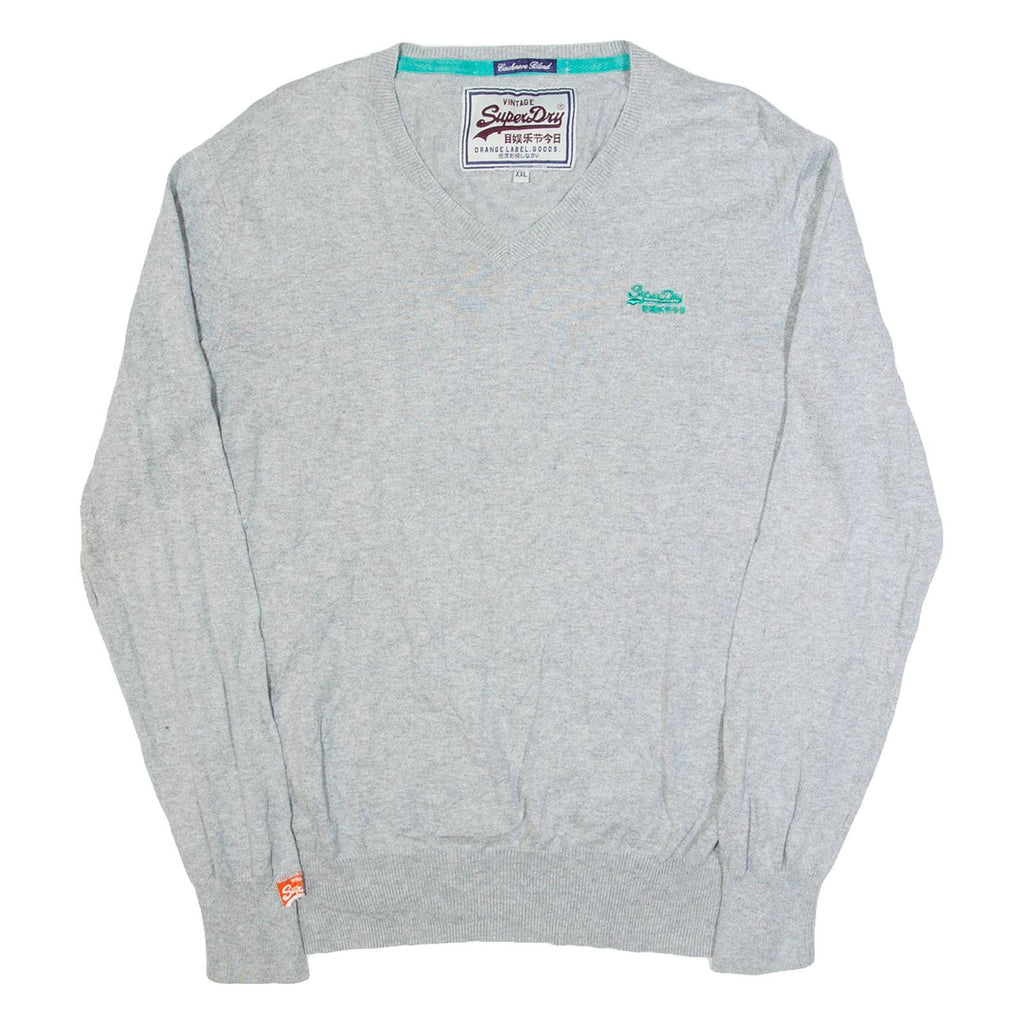 SUPERDRY Womens Jumper Grey V-Neck Tight Knit 2XL