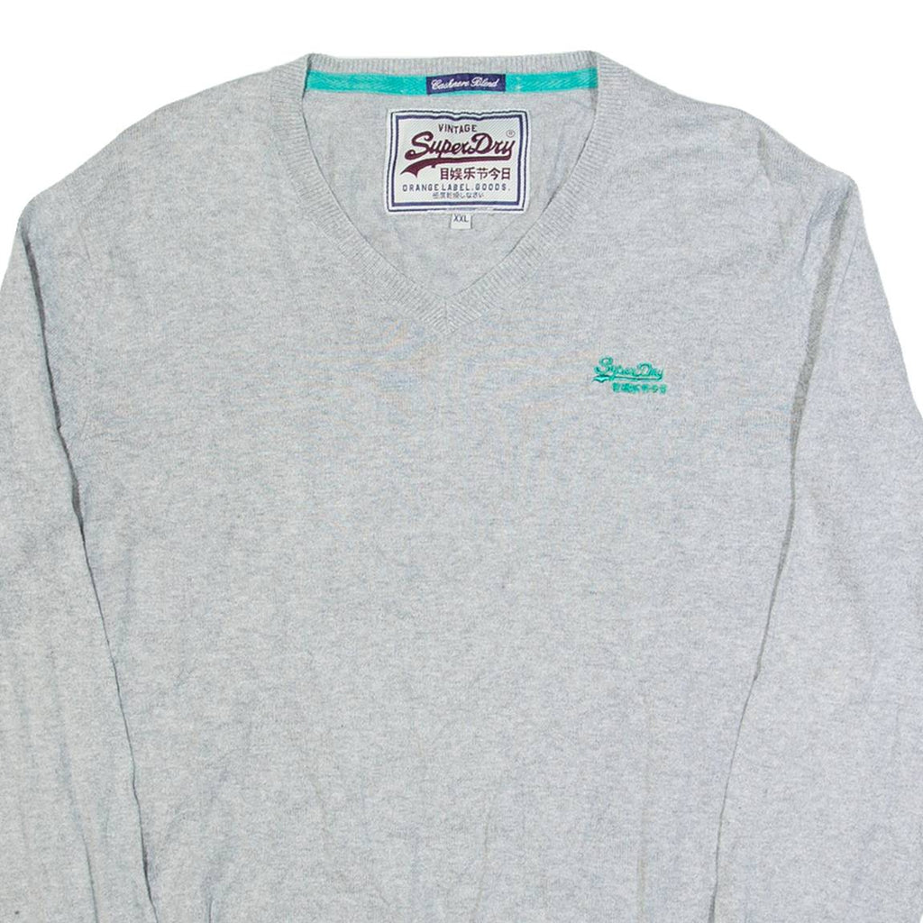 SUPERDRY Womens Jumper Grey V-Neck Tight Knit 2XL