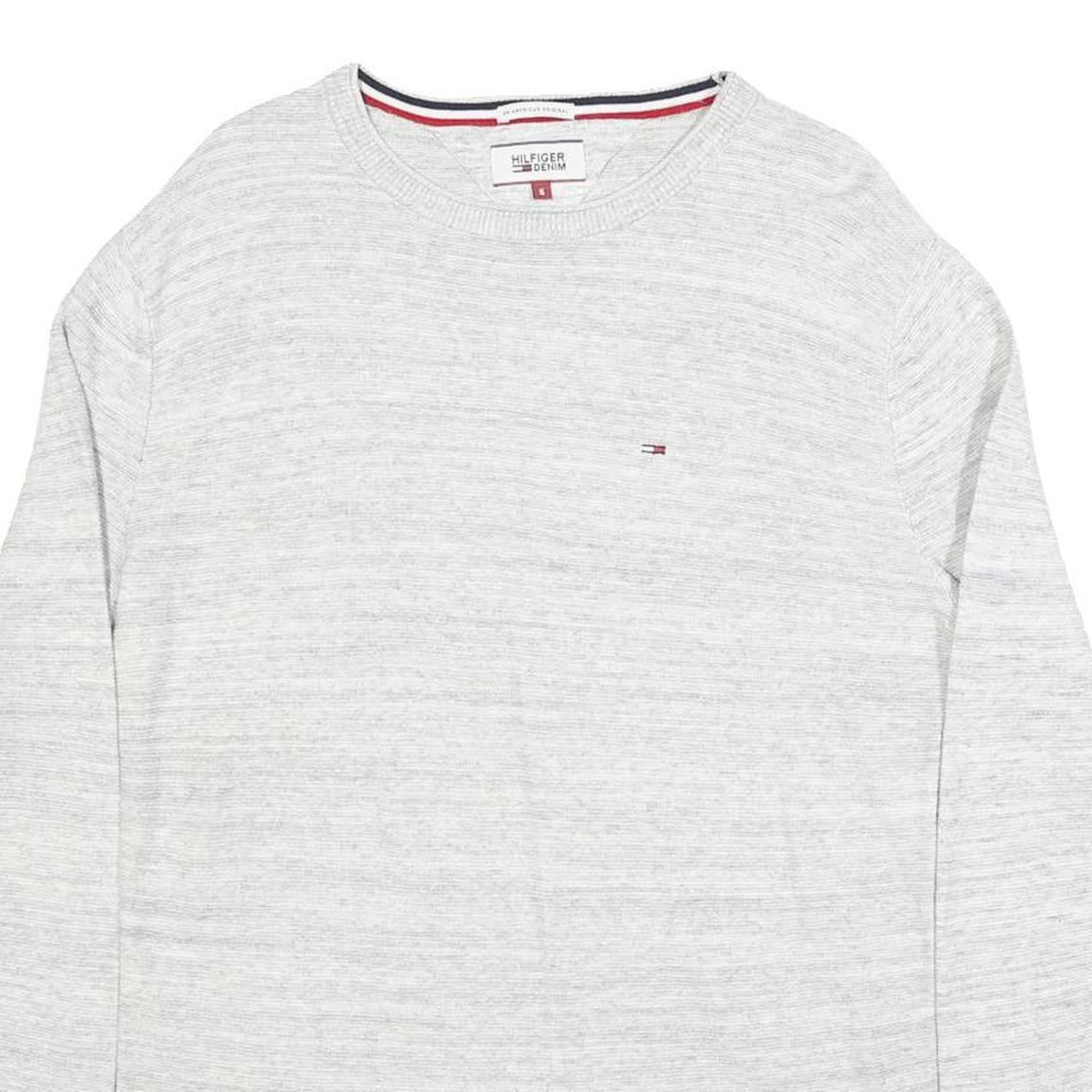 HILFIGER DENIM Mens Grey Plain Cotton Crew Neck Basic Knit Jumper S Casual