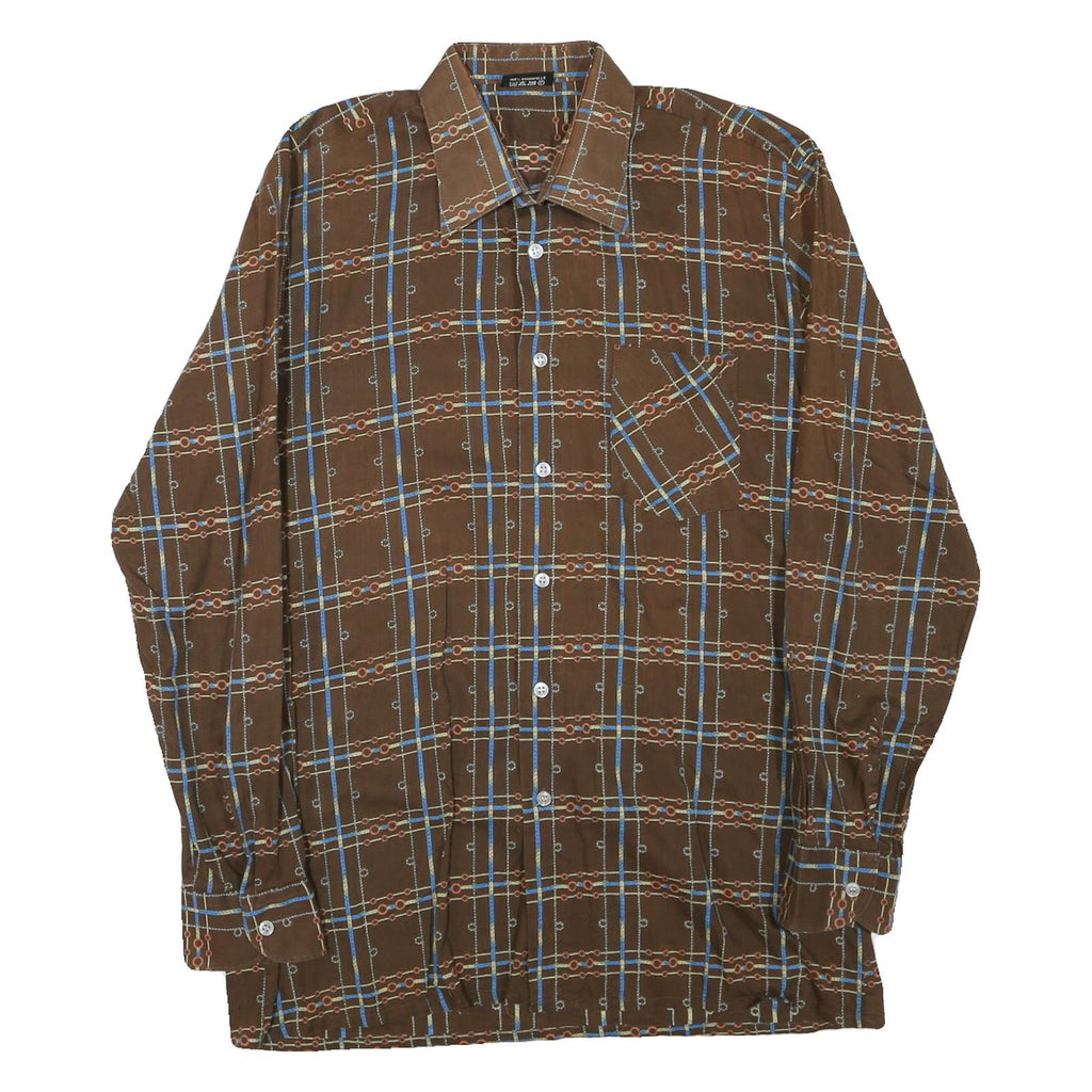 Mens Brown Pattern Plaid Cotton Shirt M Casual Retro Vintage Button Collar