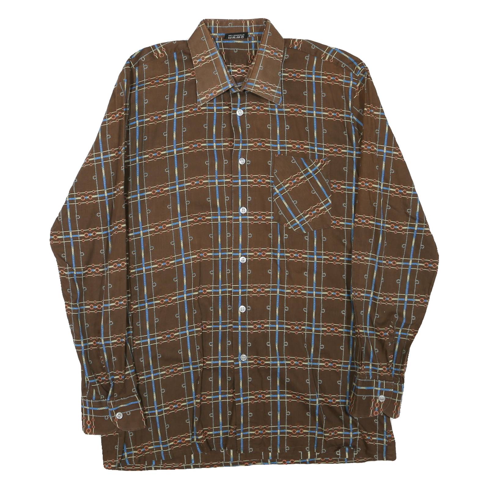 Mens Brown Pattern Plaid Cotton Shirt M Casual Retro Vintage Button Collar