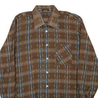 Mens Brown Pattern Plaid Cotton Shirt M Casual Retro Vintage Button Collar