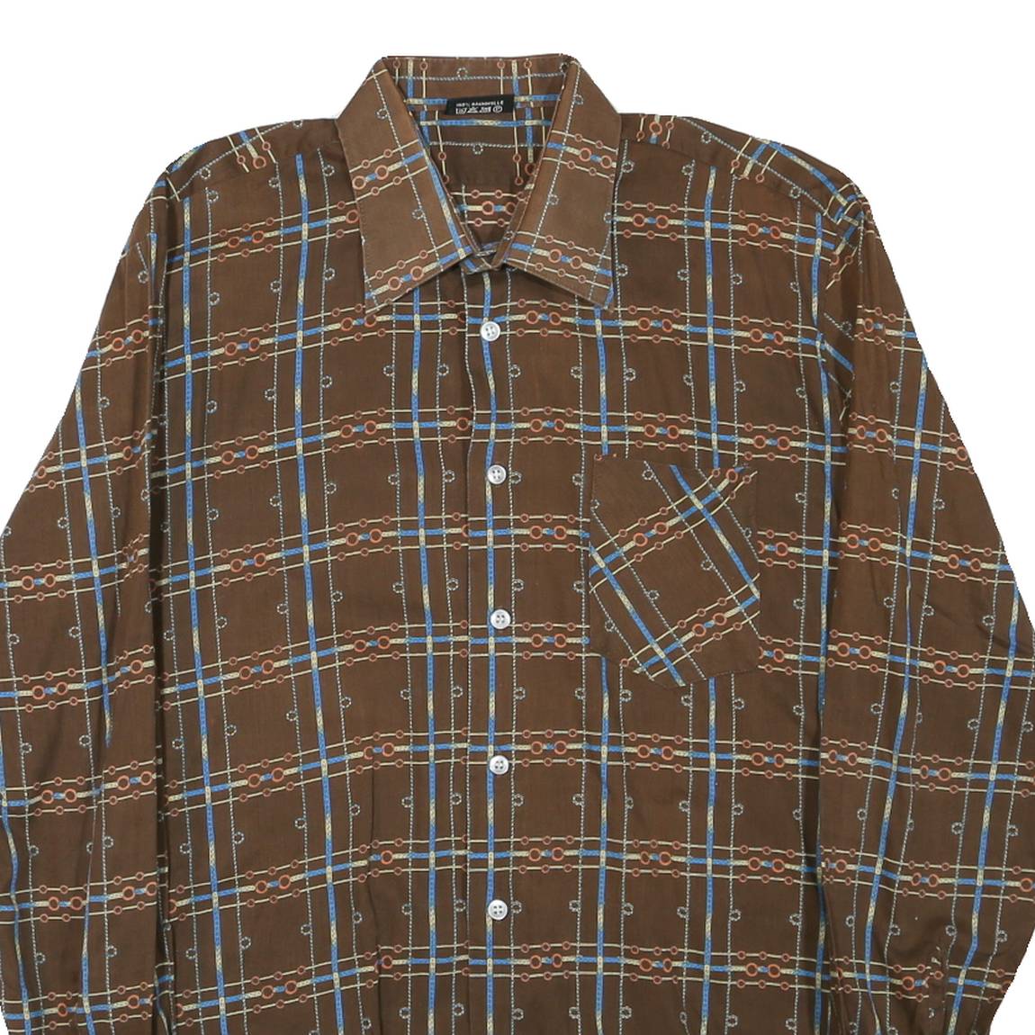Mens Brown Pattern Plaid Cotton Shirt M Casual Retro Vintage Button Collar