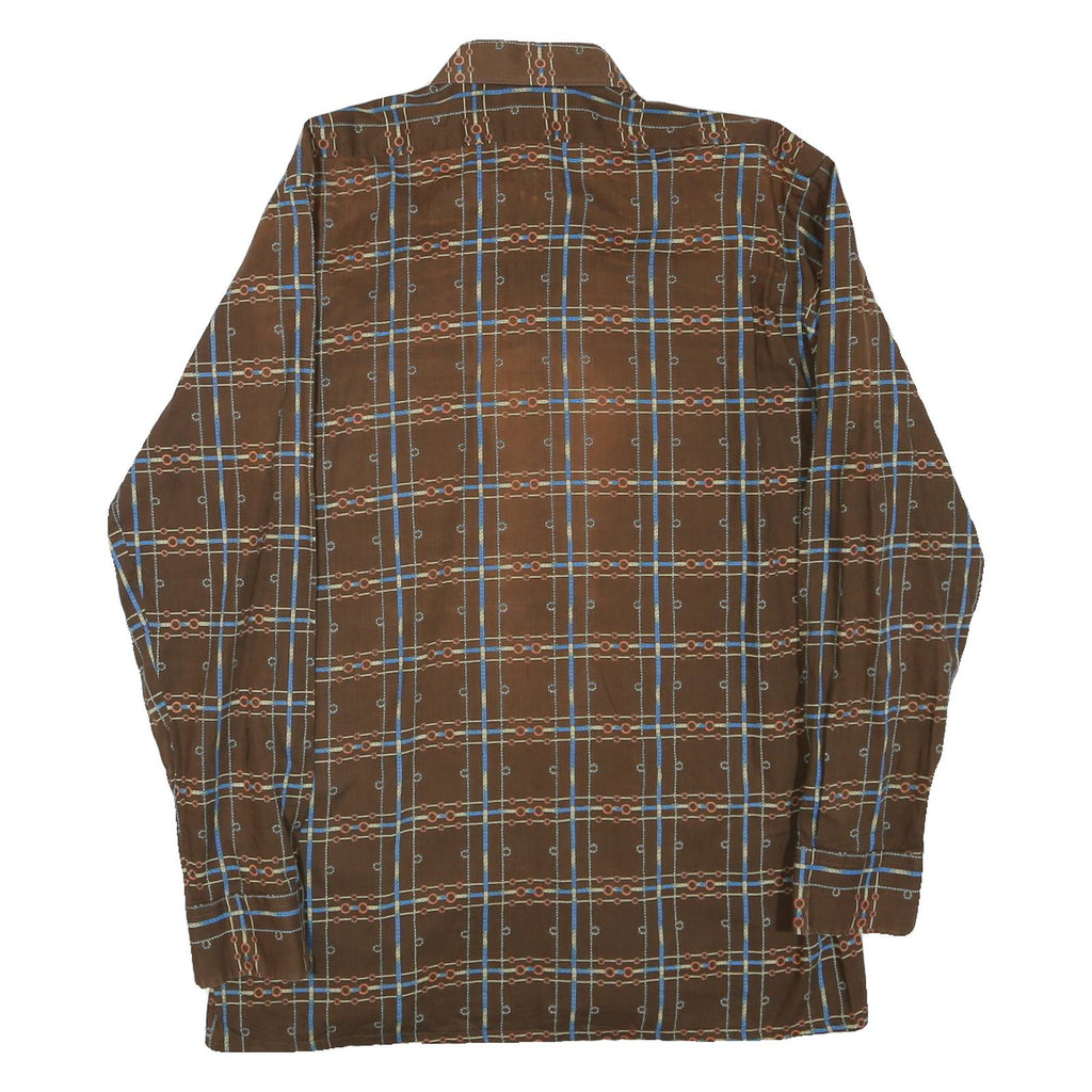Mens Brown Pattern Plaid Cotton Shirt M Casual Retro Vintage Button Collar