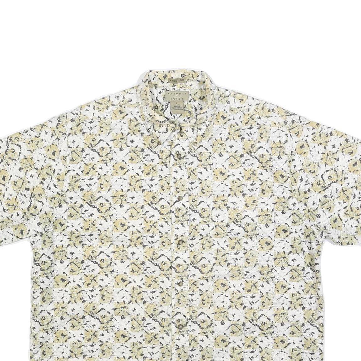 NATURAL ISSUE Mens White & Yellow Patterned Shirt L Cotton Blend Summer Casual
