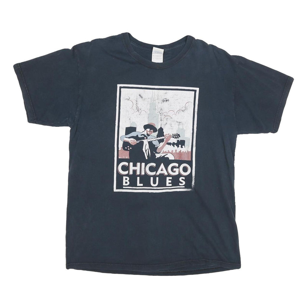 GILDAN Mens Black Chicago Blues Graphic T-Shirt L Short Sleeve Crew Neck Cotton