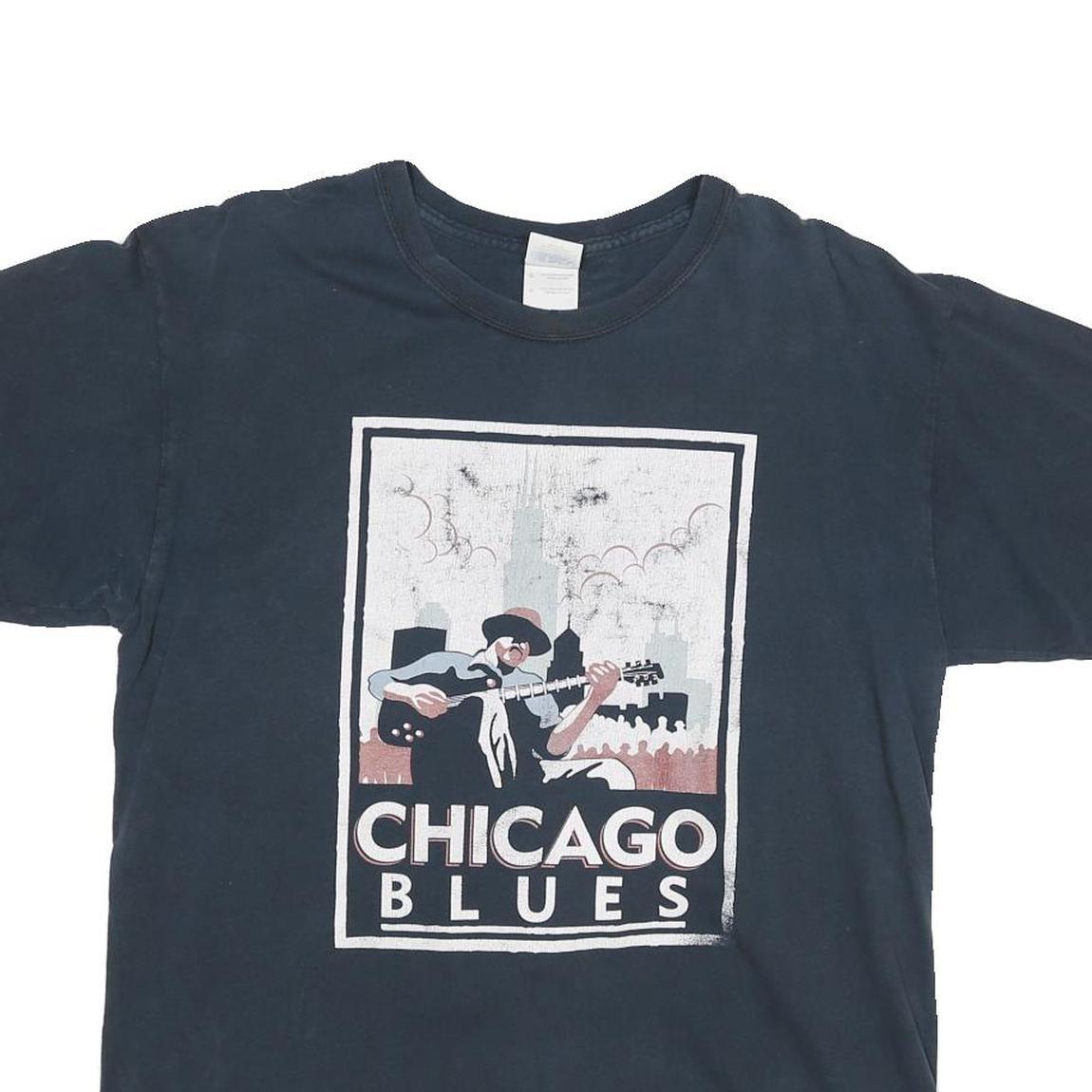 GILDAN Mens Black Chicago Blues Graphic T-Shirt L Short Sleeve Crew Neck Cotton