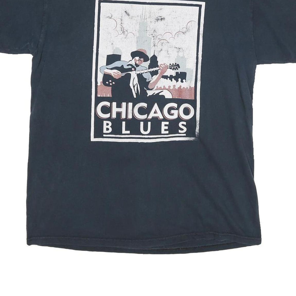 GILDAN Mens Black Chicago Blues Graphic T-Shirt L Short Sleeve Crew Neck Cotton