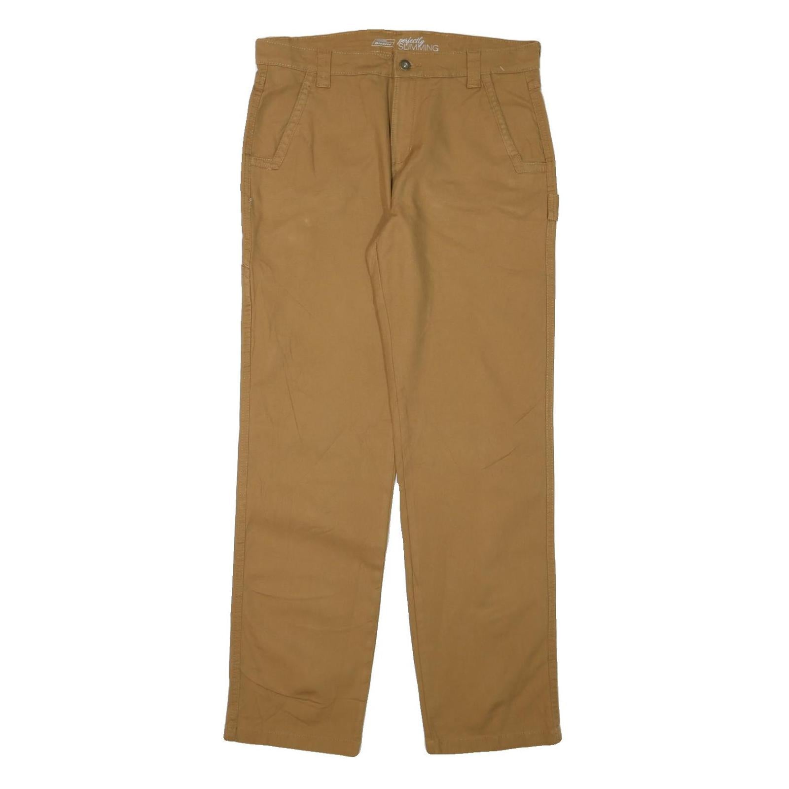 DICKIES Mens Cotton Blend Slim Beige Workwear Trousers W32 L31 Zip Pocket
