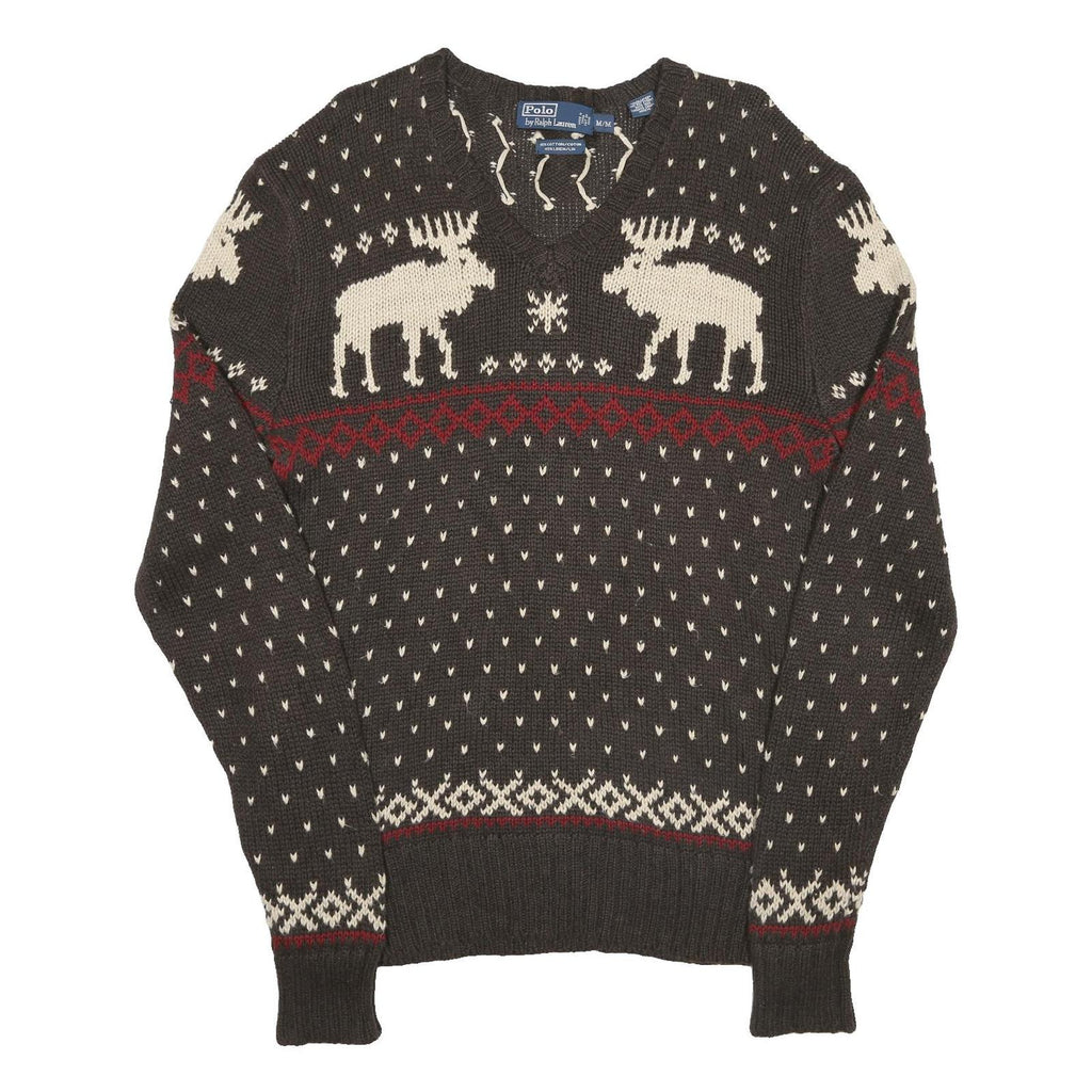 POLO RALPH LAUREN Mens Brown & Cream Patterned V-Neck Jumper Chunky Knit M