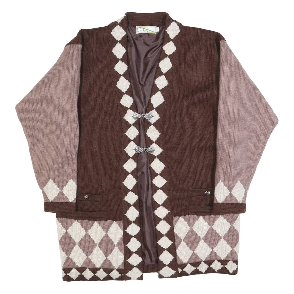 WOANS Womens Brown & Pink Diamond Patterned Cardigan Button Neck Chunky Knit L