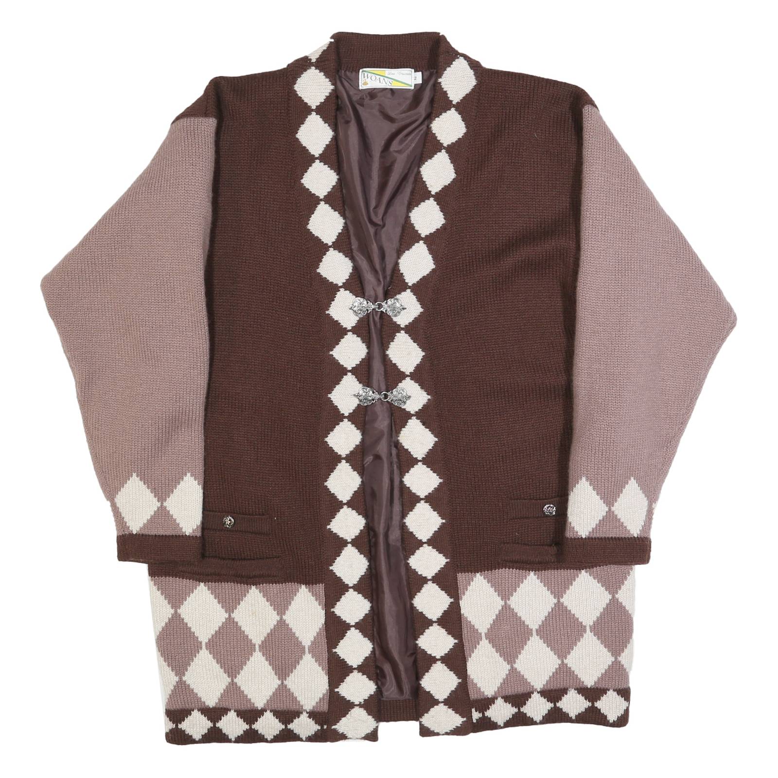 WOANS Womens Brown & Pink Diamond Patterned Cardigan Button Neck Chunky Knit L