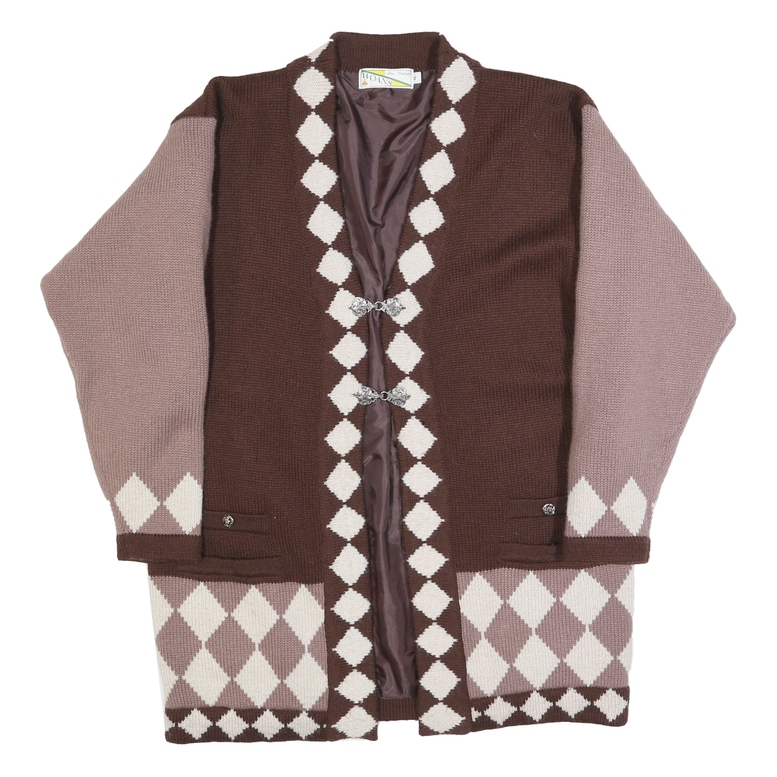 WOANS Womens Brown & Pink Diamond Patterned Cardigan Button Neck Chunky Knit L