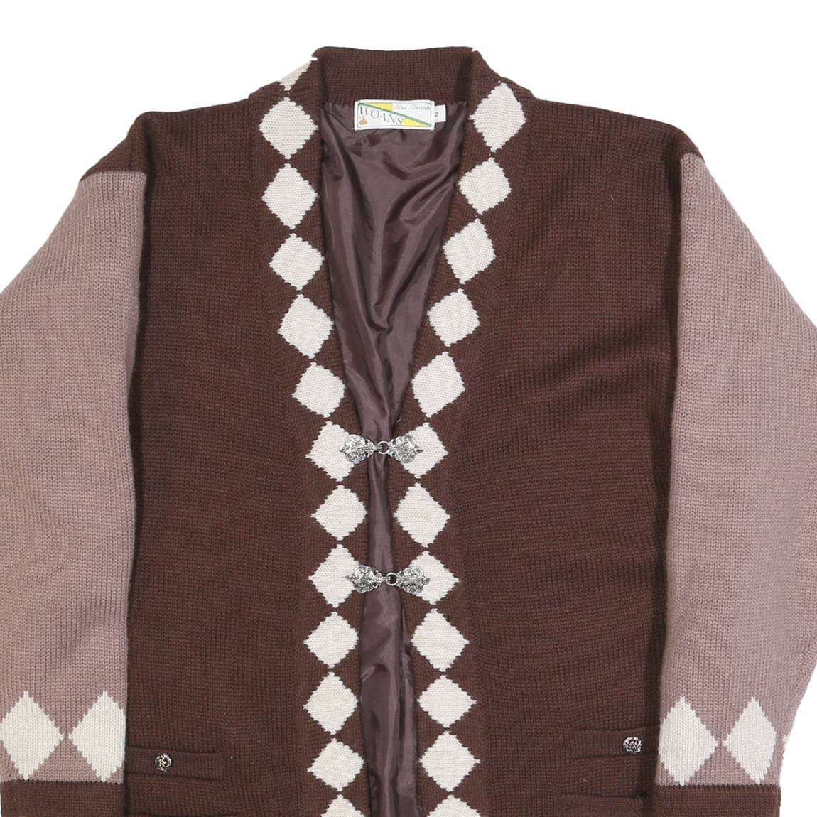 WOANS Womens Brown & Pink Diamond Patterned Cardigan Button Neck Chunky Knit L