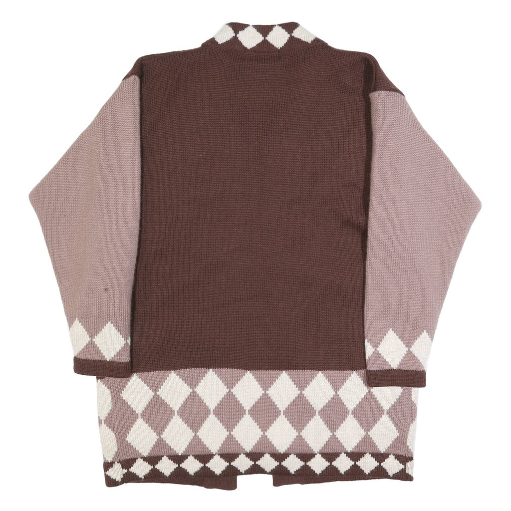 WOANS Womens Brown & Pink Diamond Patterned Cardigan Button Neck Chunky Knit L