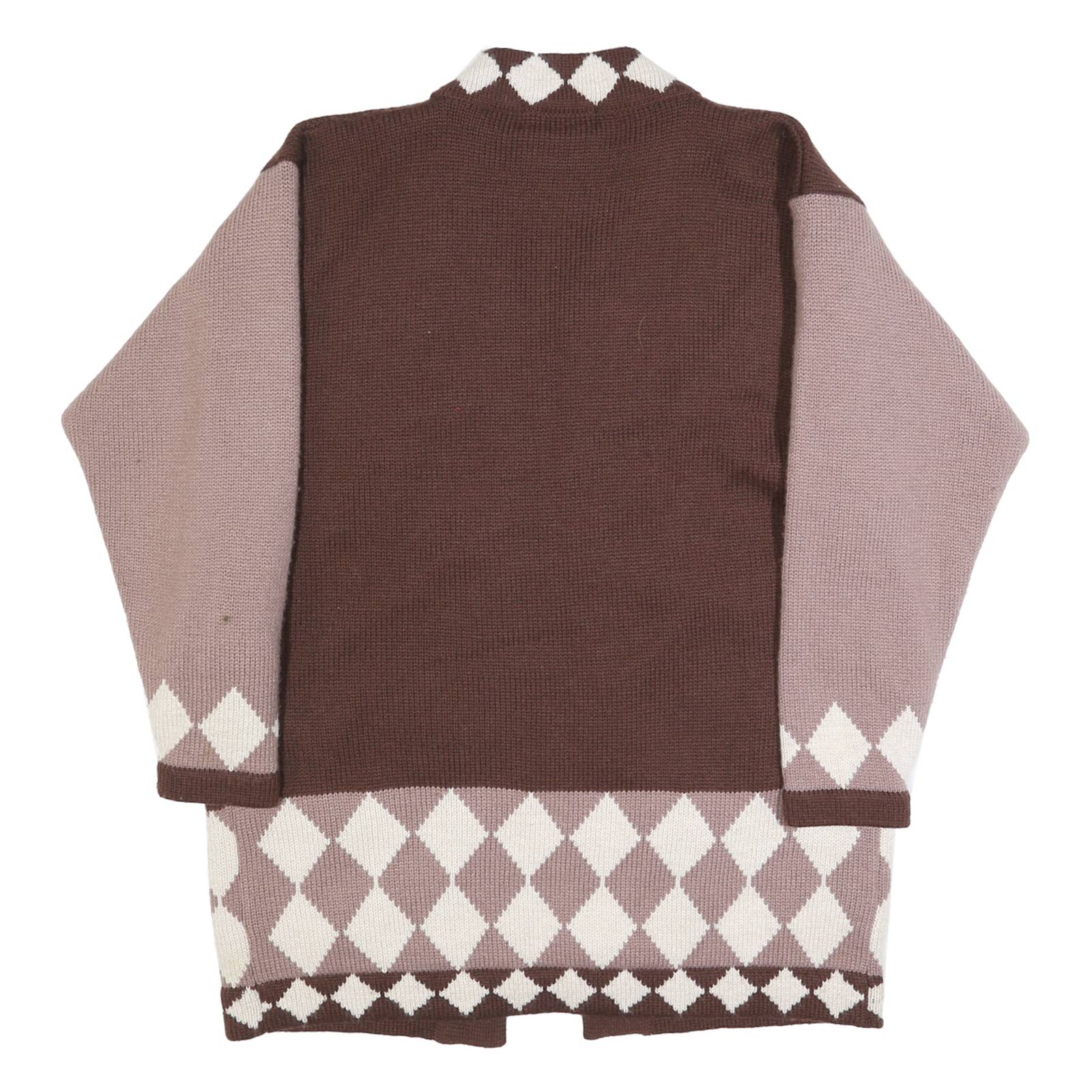 WOANS Womens Brown & Pink Diamond Patterned Cardigan Button Neck Chunky Knit L