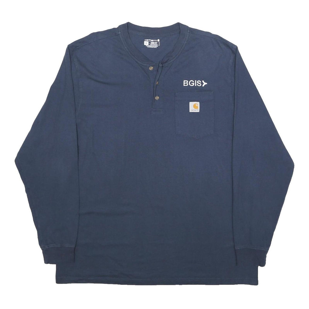 CARHARTT Mens Navy Blue Henley Long Sleeve Pocket Logo XL Workwear Cotton Blend
