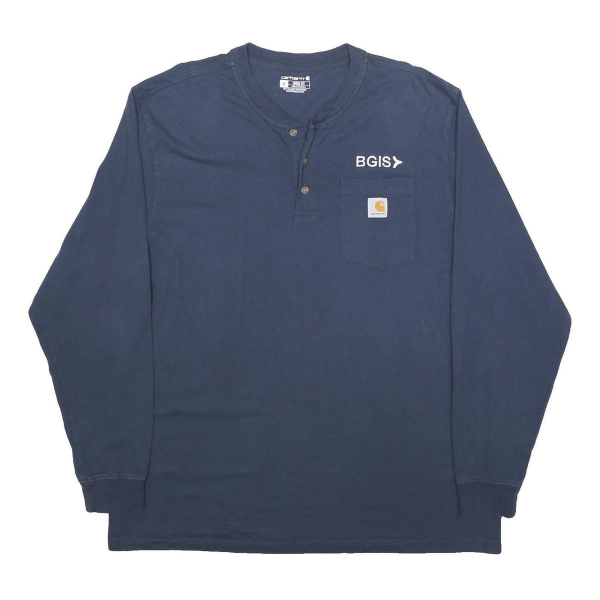CARHARTT Mens Navy Blue Henley Long Sleeve Pocket Logo XL Workwear Cotton Blend