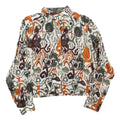 Womens White Orange Brown Abstract Print Button Top Long Sleeve Collar M Stylish