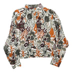 Womens White Orange Brown Abstract Print Button Top Long Sleeve Collar M Stylish